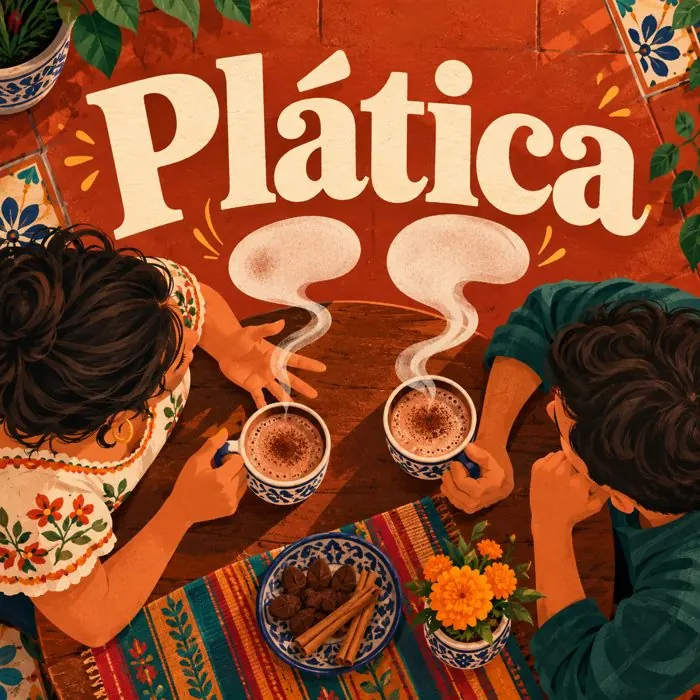 Cover des Podcasts Plática: zwei Personen bei heisser Schokolade